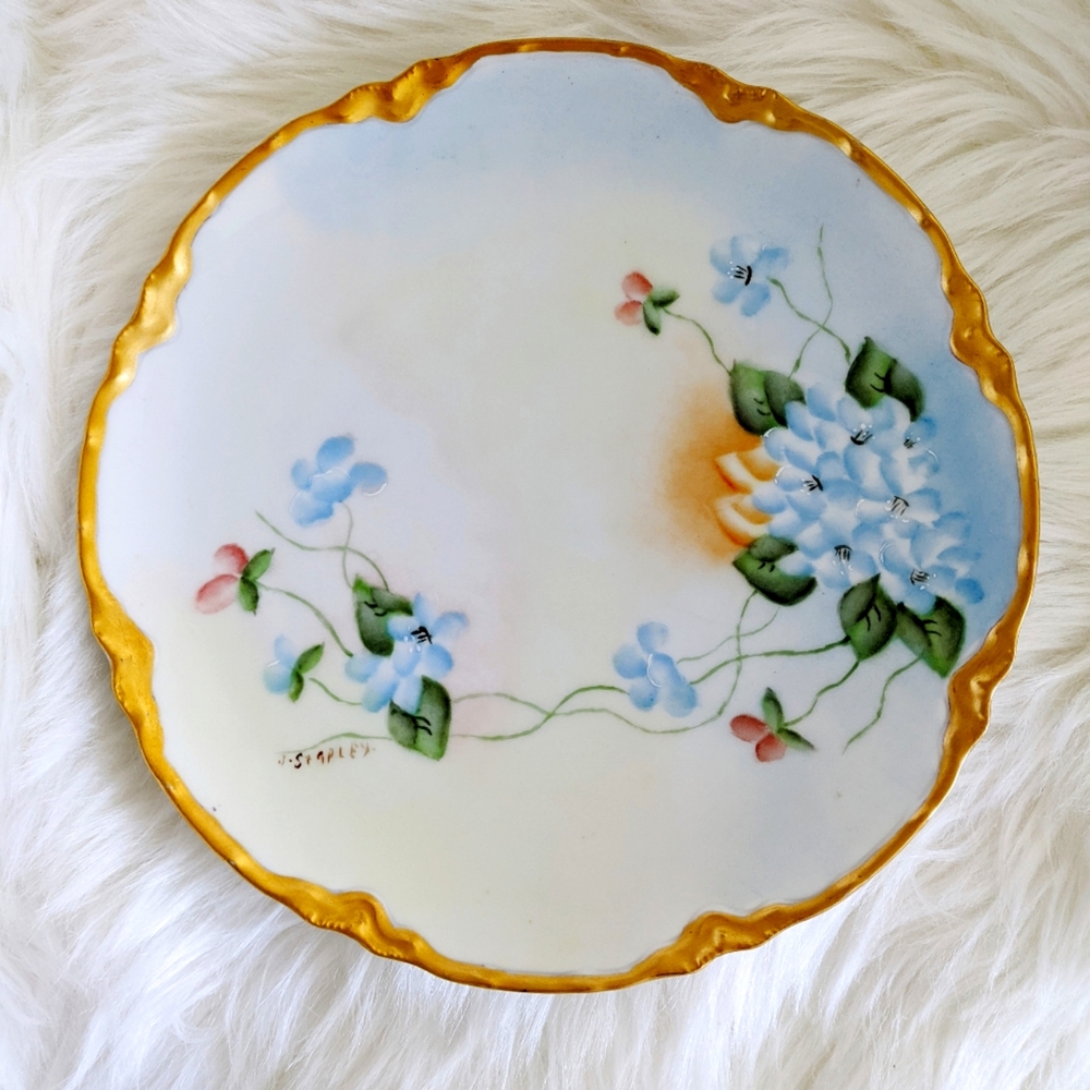 Vintage Limoges Hand Painted Blue Floral Porcelain Plate Haviland France Signed